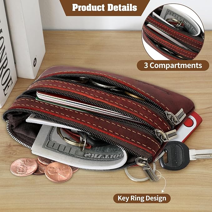 Jack&Chris Coin Purse Pouch for Men, Genuine Leather Coin Purse Zipper Pocket with Keychain Ring, Coin Bag for Men,JC301-Red
