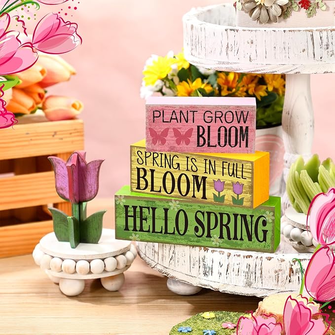 4 Pcs Spring Table Decorations Tulip Flower Wooden Signs Spring Tiered Tray Decor Wooden Tulip Block Signs Pastel Flower Table Centerpieces Decor for Home Kitchen Shelf Office