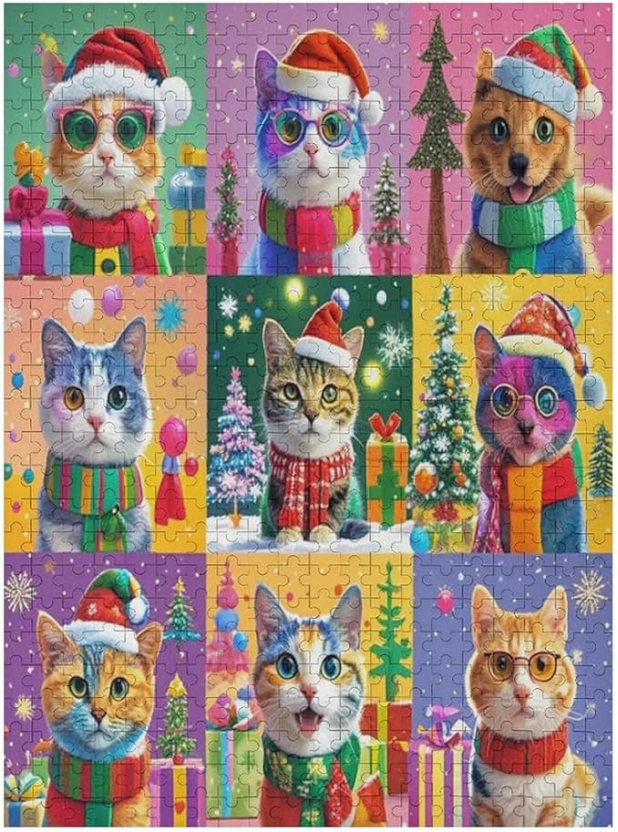 Wooden Puzzle 500 Pieces Adult - Christmas Cat Puzzle Christmas Puzzles, Holiday Puzzles, Family Toys, Party Games, Jigsaw Puzzle Challenge and Funny