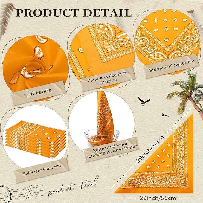 Blulu 6 Pcs Neon Color Cowboy Bandanas for Men Women Assorted Paisley Pattern Handkerchiefs 22 x 22 Inch Kids Headwrap Scarfs