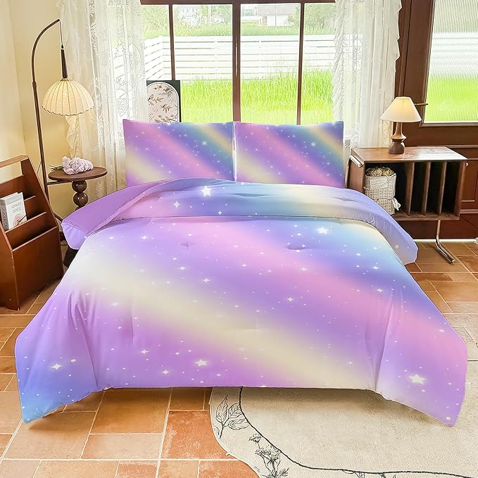 Girls Full Size Bedding Sets Rainbow Bedding – 5 Piece Comforter Set Full, Gradient and Colorful Galaxy Comforter for All-Season – Machine Washable, Durable – Gift Idea for Boys and Girls Room