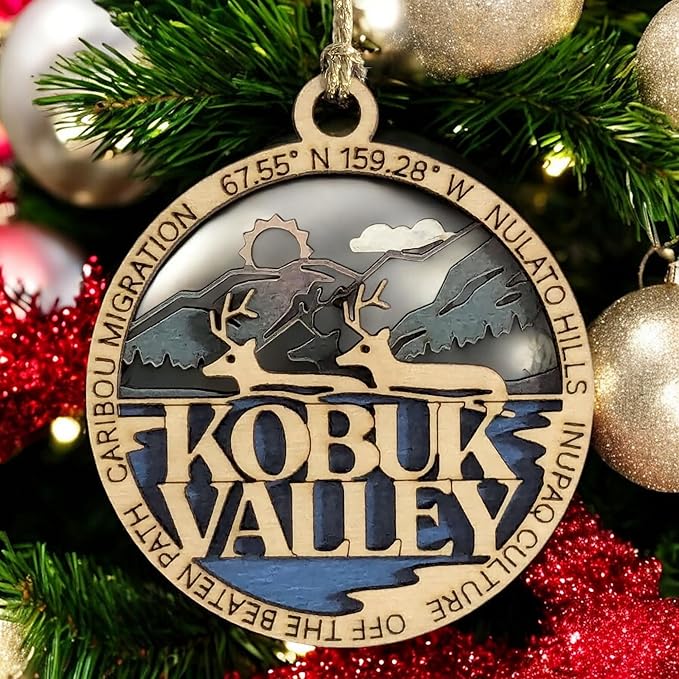 Kobuk Valley National Park Ornament - Handcrafted Wood Caribou Scene, Alaska Christmas Décor