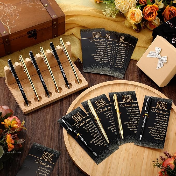 25 Sets 55th Birthday Party Favors for Guests with Black and Gold Birthday Ballpoint Pens and Glitter Thank You Cards for Women Men Anniversary Party Appreciation Gifts