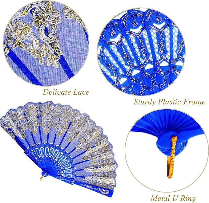 QIRMIZI 10 Pack Folding Handheld Fans,Silk Spanish Fan, Perfect for Weddings, Parties, and Dancing,Royal Blue