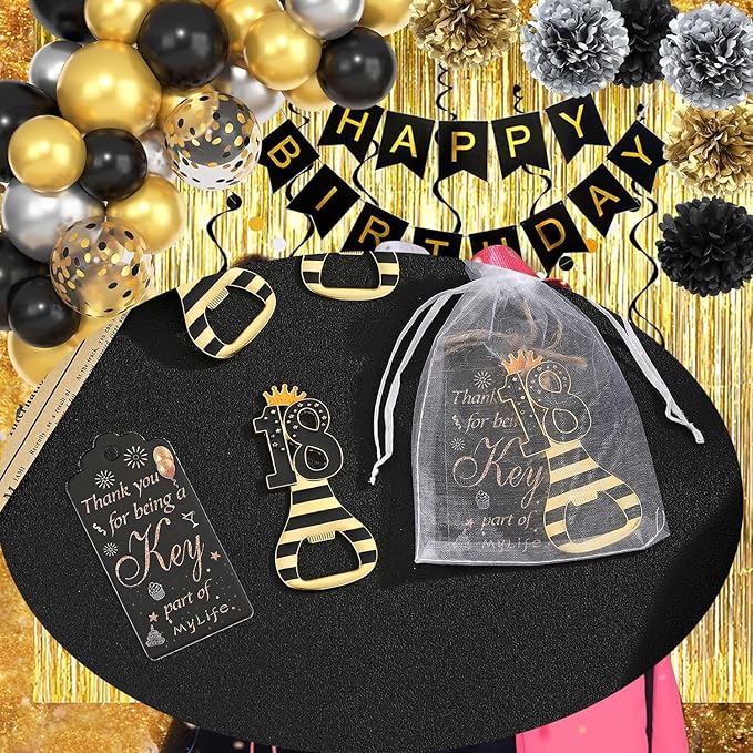 24pcs 18th Gold Keychain Bottle Opener 18th Birthday Party Favors, 18 Keychain Beer Bottle Opener Favors Anniversary Souvenirs Return Gifts for Guests Party Decor Supplies (black 18)