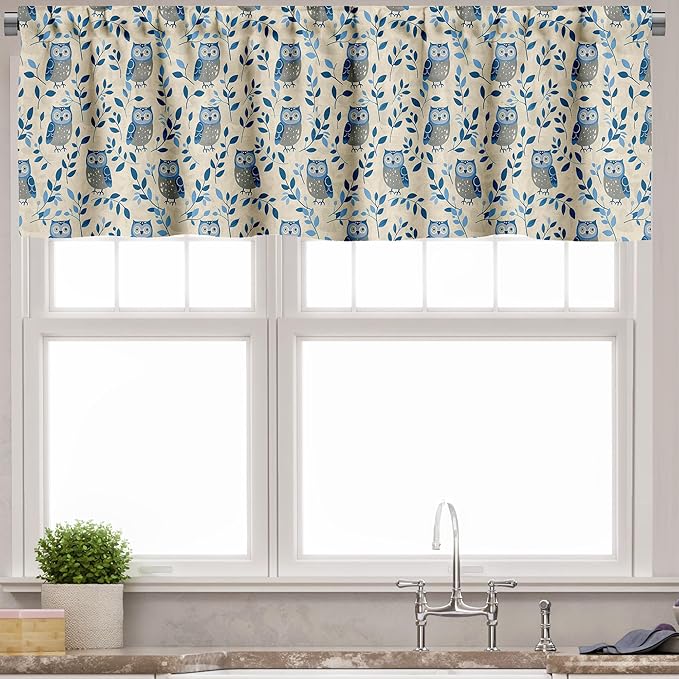 Ambesonne Bird Valance & Tier Curtain 3 pcs Set, Repetitive Whimsical Owls Silhouettes and Leaves on Plain Background Print, Window Treatments for Kitchen Room Decor, 55" x 36", Dark Sky Blue Beige