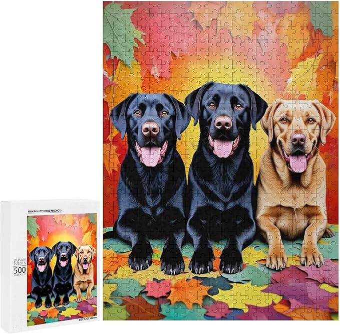 Puzzles for Adults 500 Pieces Wooden Jigsaw Puzzle - Labrador Retriever Dog in Autumn Park Theme Puzzle，Party Games，Family Toys，Educational Puzzles，Stress Relief Wooden Puzzle，Home Decoration