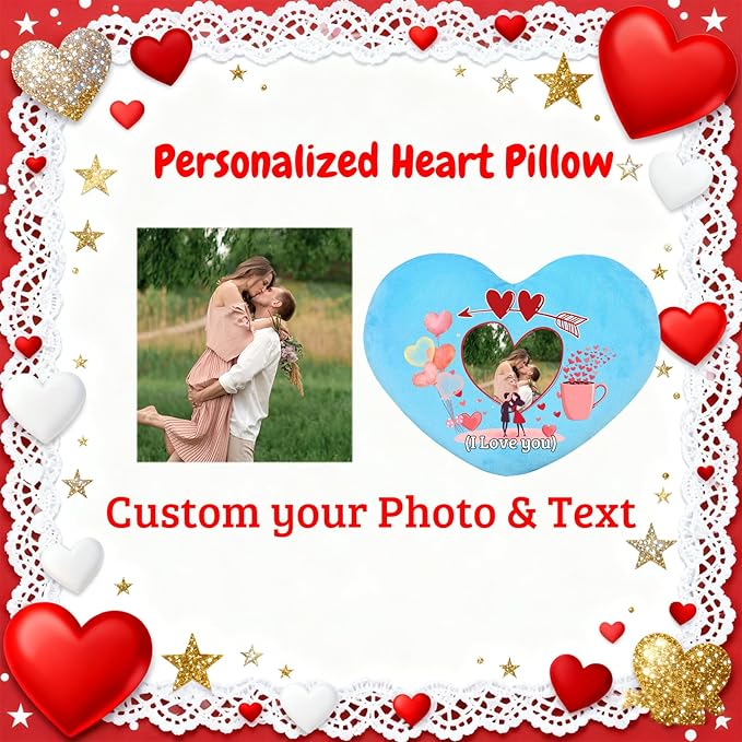 Custom Heart Pillow with Photo Text, Personalized Heart Shaped Pillow with Insert as Valentine Pillows Home Decor Personalized Gifts for Husband Wife Kids Family on Valentines Day Anniversary