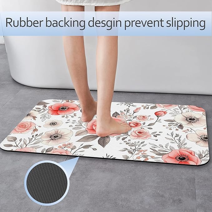 Vintage Poppy Flowers Bathroom Rug 29.5"x17", Super Absorbent Fast Drying Bath Mat with Non-Slip Rubber Backing, Thin Low-Profile Easy-Clean Bathroom Floor Mat for Shower or Tub
