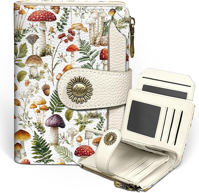 Mushroom Small Wallet Women RFID Blocking Bifold, Credit Card Holder, Zipper Coin Pocket, PU Leather, Compact, Travel, 4 ID Window, 14 Card Slots, Cash Purse, Ladies Woman Female Girls