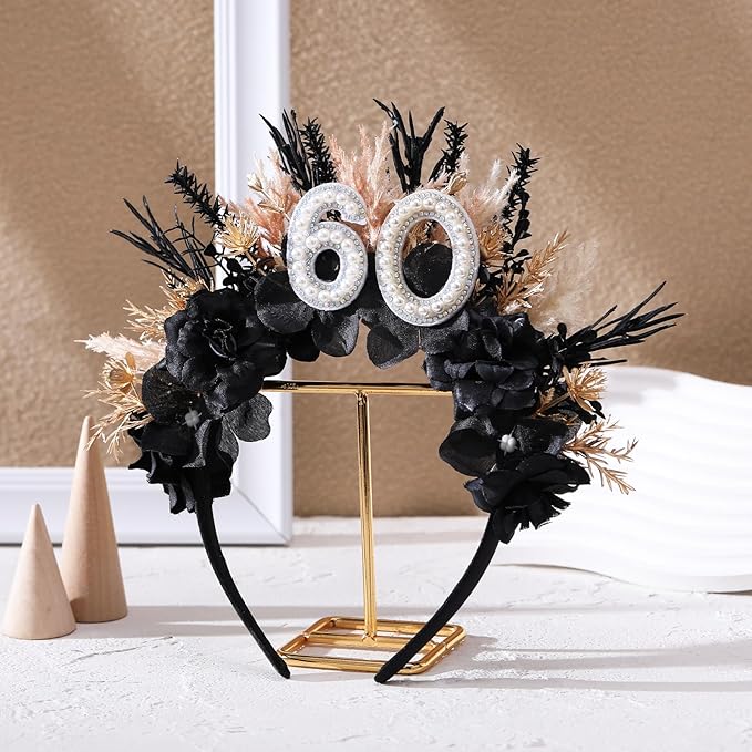 Flower Black Birthday Headband - Dark Happy Birthday Crown and Sash Set for Women Fabulous Party Accessories