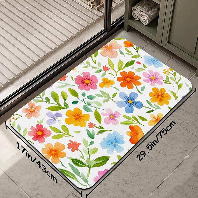 Retro Funky Floral Fast Drying Absorbent Bathroom Mat, Non-Slip Rubber Backing Thin Low-Profile Bath Rug, Easy-Clean Bathroom Floor Mat for Shower, Bathtub, Kitchen, or Entryway