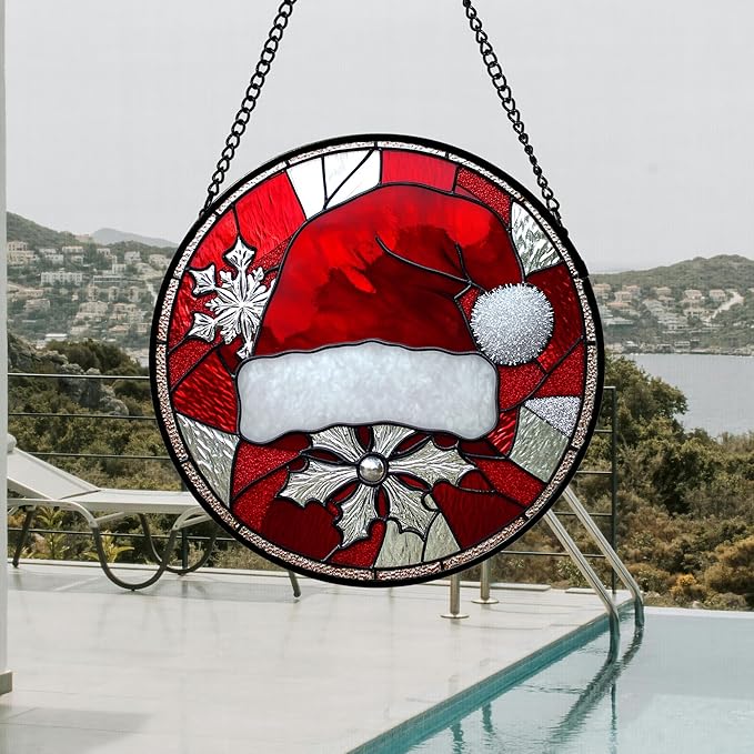 Stained Glass Window Hanging 4 Pcs Set Red Christmas Decorations Theme 9.8" - Suncatcher Door Garden Sun Catcher Decor Birthday for Mom Woman Nana Men Friend Wife