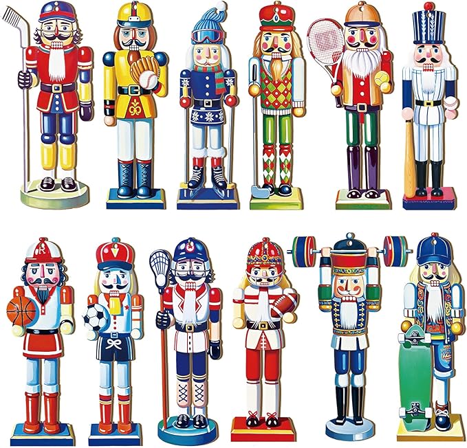 Yookeer 36 Pcs Sport Nutcracker Christmas Ornaments 4.9 Inch Hockey Ski Baseball Football Ball Xmas Wooden Ornaments with Rope Nutcracker Christmas Decorations for Xmas Tree Home Wreath Party Decor