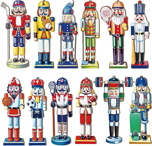 Yookeer 36 Pcs Sport Nutcracker Christmas Ornaments 4.9 Inch Hockey Ski Baseball Football Ball Xmas Wooden Ornaments with Rope Nutcracker Christmas Decorations for Xmas Tree Home Wreath Party Decor