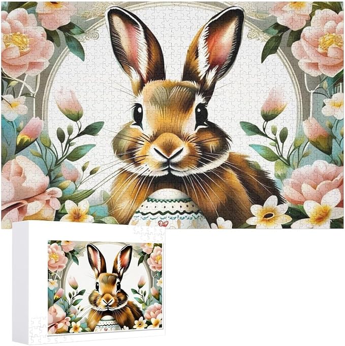 Wooden Puzzle - Easter Bunny with Flower Easter Egg Jigsaw Puzzles，Wooden Puzzles for Adults 1000 Pieces Challenge Puzzles，Educational Games，Family Puzzles，Unique Gifts for Wall Art