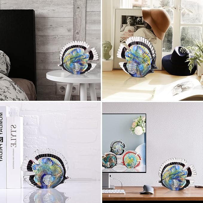 DOVDOV Blown Glass Fish Statues and Sculptures, Stained Glass Fish Modern Art for Coastal Style Home Decor, Shelves Office Fish Tank Bookcase and Entryway Entry Table Top Coffee Table.