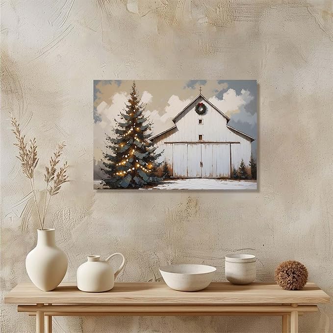 Winter Christmas tree abstract barn print nature country artwork home decor farmhouse canvas poster12x16in(30x40cm)- Unframed
