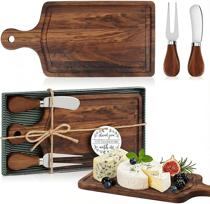 1 Set Bridal Baby Shower Cheese Prizes Wooden Square Board Gift Set Knives Forks Thank You Tags with Box for Guests for Valentines Bridal Baby Shower Housewarming (Walnut Wood)