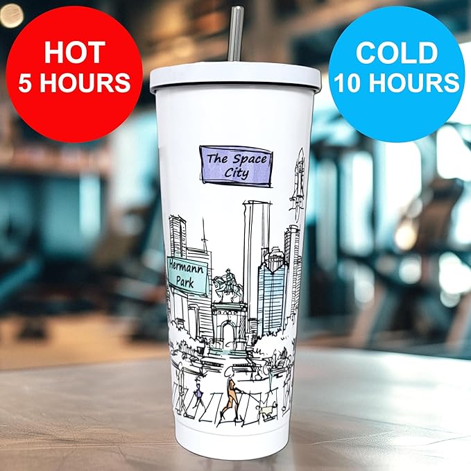Cities Around the World 25 Oz Tumbler Series - Designed in the USA - Vacuum Insulated Tumbler with Lids & Straw - Stainless Steel Coffee Water Travel Mug, for Hot Cold Drink (Houston)