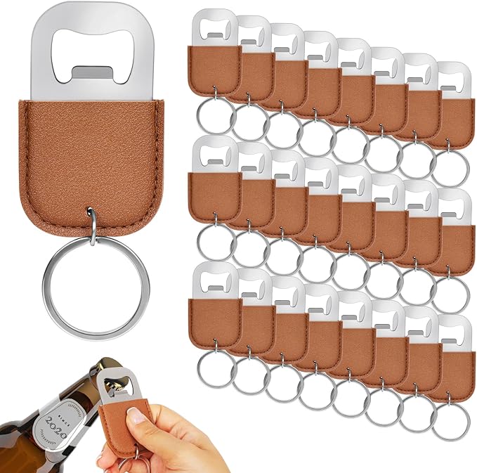 24 pcs Stainless Steel Bottle Opener with PU Leather Keychain Mini Metal Bottle Opener for Bartender Kitchen Bar Restaurant Creative Gift