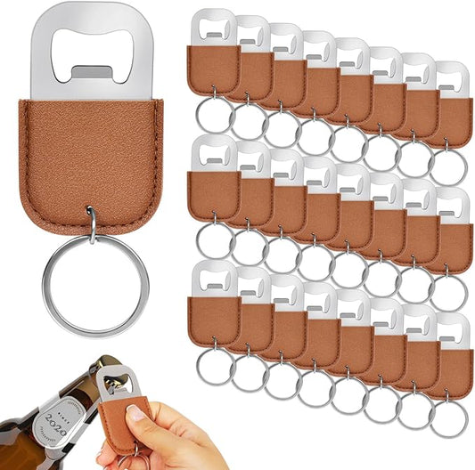 24 pcs Stainless Steel Bottle Opener with PU Leather Keychain Mini Metal Bottle Opener for Bartender Kitchen Bar Restaurant Creative Gift