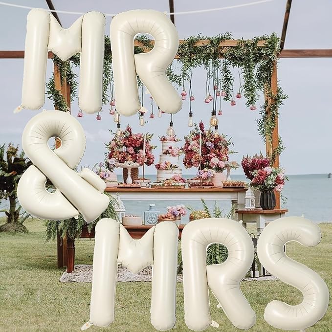 40 Inch Beige MR & MRS Balloons for Wedding Decor, Large Cream Mr and Mrs Foil Balloon Letter, Ivory White Sand Mr to Mrs Banner Sign for Bride Groom Engagement Couple Sweetheart Party Decorations