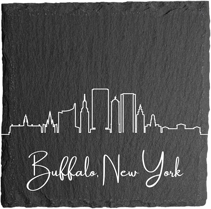 Blue Ridge Mountain Gifts - Buffalo NY Skyline Coasters, Set of 4 - Buffalo New York Souvenir, Slate Coasters with Minimalist Skyline, Housewarming Gift for Friends, Family, & Neighbors