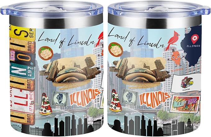 12oz Coffee Mug Illinois State Insulated Coffee Cups, United States Map Travel Mug Landmark, Birthday Gifts Cute Mugs with Lid and Straw Mothers Day Gifts