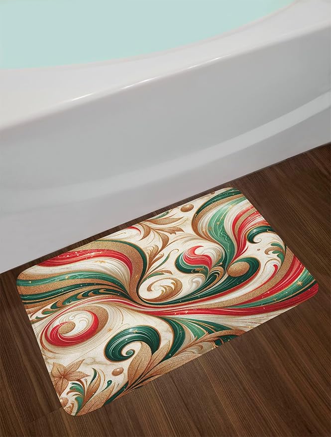 Lunarable Christmas Bath Mat, Modern Marble Print with Curlicue Leaves and Floral Abstract Boho Xmas, Plush Bathroom Decor Mat with Non Slip Backing, 30.2" x 20", Green Dark Pink Beige