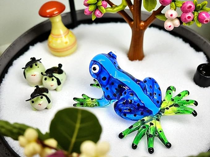 WitnyStore 2⅛" Blue Black Dot Frog Artistic Blown Glass Figurine Premium Hand-Blown Statue Tabletop Decoration Unique Collectible for Adult Collectors Handcrafted Elegant Home Room Decor