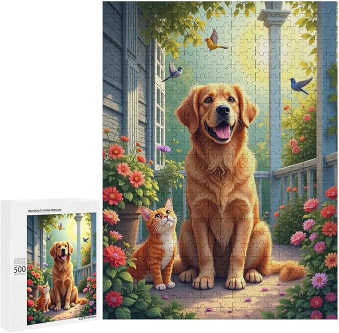 Wooden Puzzle - Garden Golden Retriever Jigsaw Puzzles，Wooden Puzzles for Adults 500 Pieces Challenge Puzzles，Educational Games，Family Puzzles，Unique Gifts for Wall Art