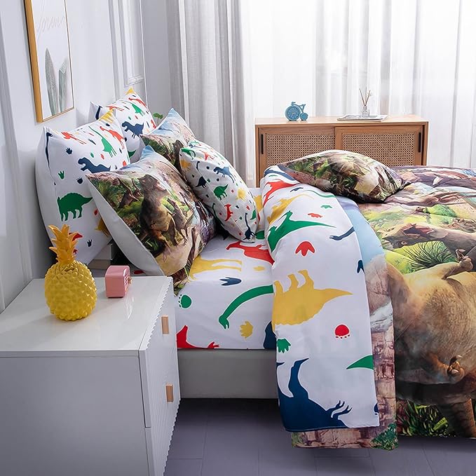 9 Piece Dinosaur Comforter Set Bed in a Bag Full Size for Teen Kids Adults,3D Jungle Dinosaur Quilt Set,(1 Comforter+4 Pillowcase+1 Flat Sheet+1 Fitted Sheet+2 Throw Pillow Cover)
