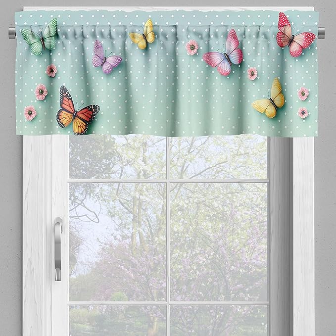 Ambesonne Spring Valance & Tier Curtain 3 pcs Set, Colorful Tulip Garden and Flying Butterflies with Vintage Polka Dots, Window Treatments for Kitchen Room Decor, 55" x 45", Mint Green and Multicolor