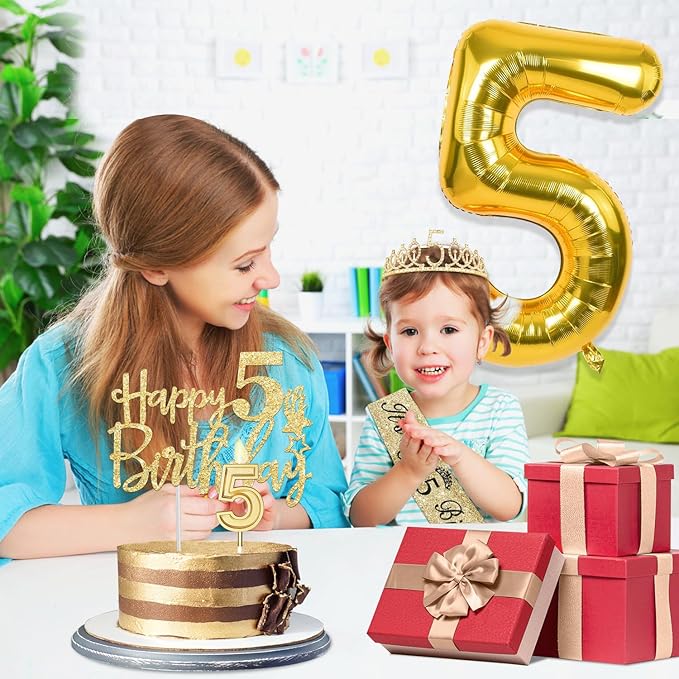 5th Birthday Decorations for Girls, Including Sash and Tiara, 5 Candles and Cake Toppers, Number 5 Balloon Gold, 5th Birthday Gifts for Girls (Gold)
