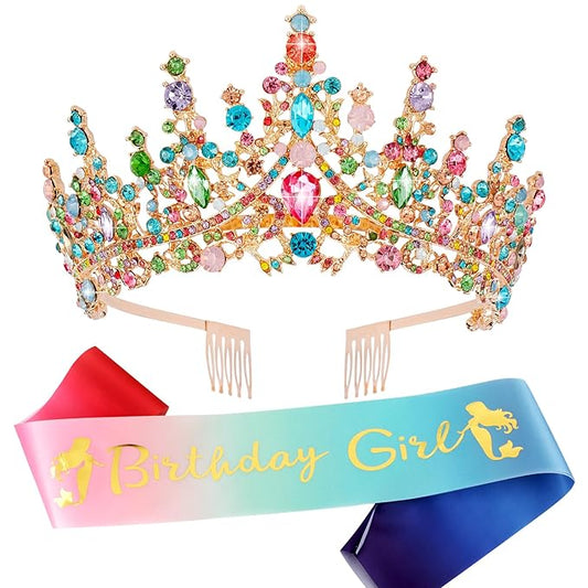 Velscrun Rainbow Color Crystal Birthday Tiara Crowns for Women Girls Elegant Princess Crown with Combs Birthday Girl Headband Sash Happy Birth Party Decorations Birth Gift Hair Accessories