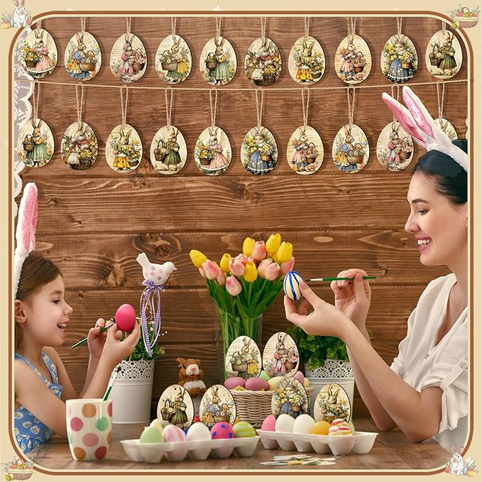 Yookeer 36 Pcs Vantage Easter Wooden Ornaments Retro Easter Decorations for Tree Bunny Ornaments Egg Shape Wood Cutouts with Rope Bunny Mini Signs Hanging Spring Decoration for Small Tree Home Indoor