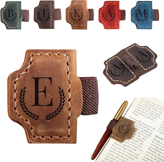 Magnetic Bookmarks with Pen Holder, 26 Letters Name Initia Personalized Leather Book Mark, Gifts for Book Lovers Readers Teacher Women Men