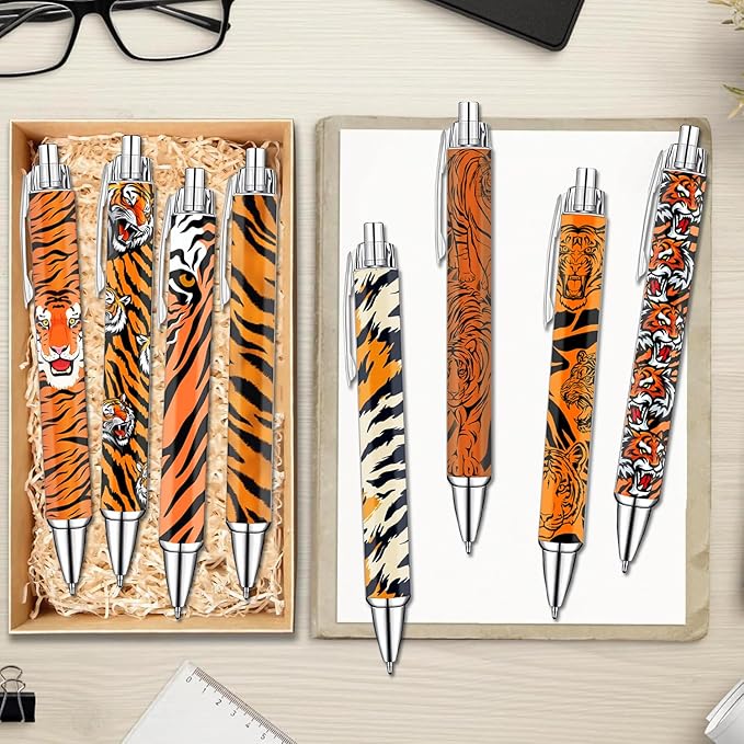 Idealmuzik Tiger Print Pens Set – Wild Animal Pattern Gel Pens for Kids, Teens, and Adults – Stylish Orange & Black Tiger Stripe Stationery for School, Office, Journaling, and Gift Giving, 8 Pack