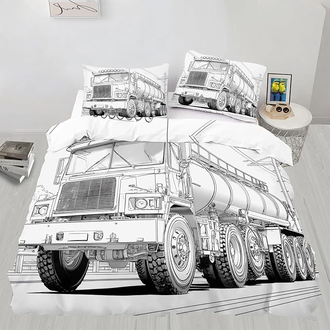 Tanker Truck Duvet Cover Full Size Mechanical Vehicle Bedding Set Black White Mechanical Cars Comforter Set Industrial Style Duvet Cover Soft Microfiber for Bedroom