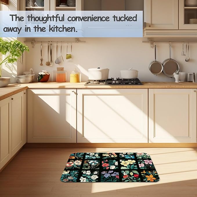 Bathroom Rug 29.5"x17", Groovy Abstract Flowers Bath Mat with Non-Slip Rubber Backing, Quick-Drying Absorbent Thin Floor Mat for Bathroom, Shower, Sink, or Kitchen