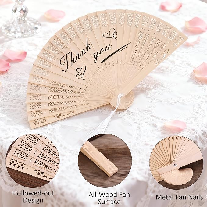 50 Pcs Wedding Fans Engraved Wooden Folding Hand Fans with Organza Bags, Wedding Party Favors for Guests, Bridal Shower & Summer Outdoor Ceremony (Style2,50)