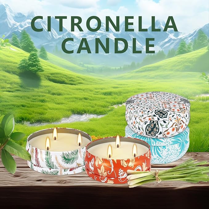 4-Pack Citronella Candle Set in Decorative Tropical Flower Tin Boxes - 3-Wick Functional Decorative Candles for Indoor & Outdoor Use - Perfect for Camping, Travel, BBQ, Picnics, and Mother's Day Gift