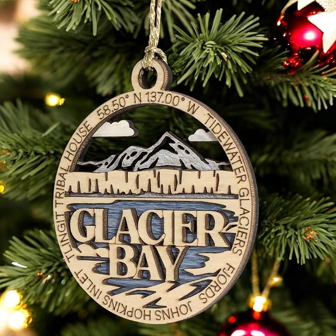 Glacier Bay National Park Scene showcasing Glacier Bay's Tidewater Glaciers & Fjords - 2-Layer Wood Ornament, 3" Round, Laser Cut, Made in USA