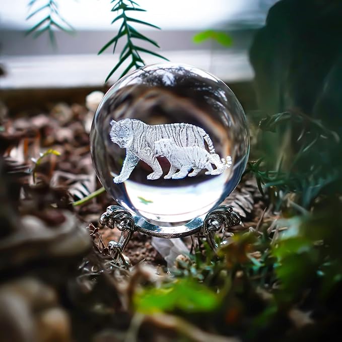 ZEERSHEE 60mm 3D Tigers Crystal Ball with Stand Glass Tiger Decorative Ball Paperweights Decor for Home Office