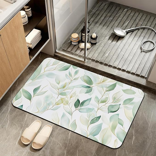 Eucalyptus Leaves Bathroom Rugs,Bath Mats for Bathroom,Sage Green Leaf Low Pile Absorbent Bath Mat,Rubber Backing Non Slip Washable Thin Quick Dry Door Mat 17x29.5 Inch