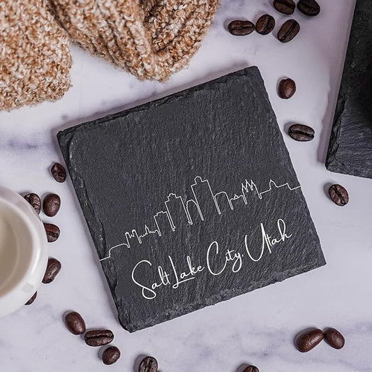 Blue Ridge Mountain Gifts - Salt Lake City UT Skyline Coasters, Set of 4 - Salt Lake City Utah Souvenir, Slate Coasters with Minimalist Skyline, Housewarming Gift for Friends, Family, & Neighbors