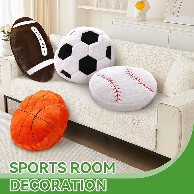 Baseball Pillow, 2 Pcs Baseball Plush Pillow, Soft Fluffy Stuffed Sports Throw Pillows, Home Decor Cushion, Round Baseball Pillows, Sports for Room Decoration 15.8"