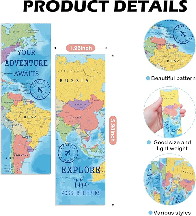 200 Pcs World Map Bookmarks, Bulk Geography Paper Bookmarks for Readers & Teachers, Classroom Decor, Reading Incentives, Travel Theme Bookmark Set for Women Men