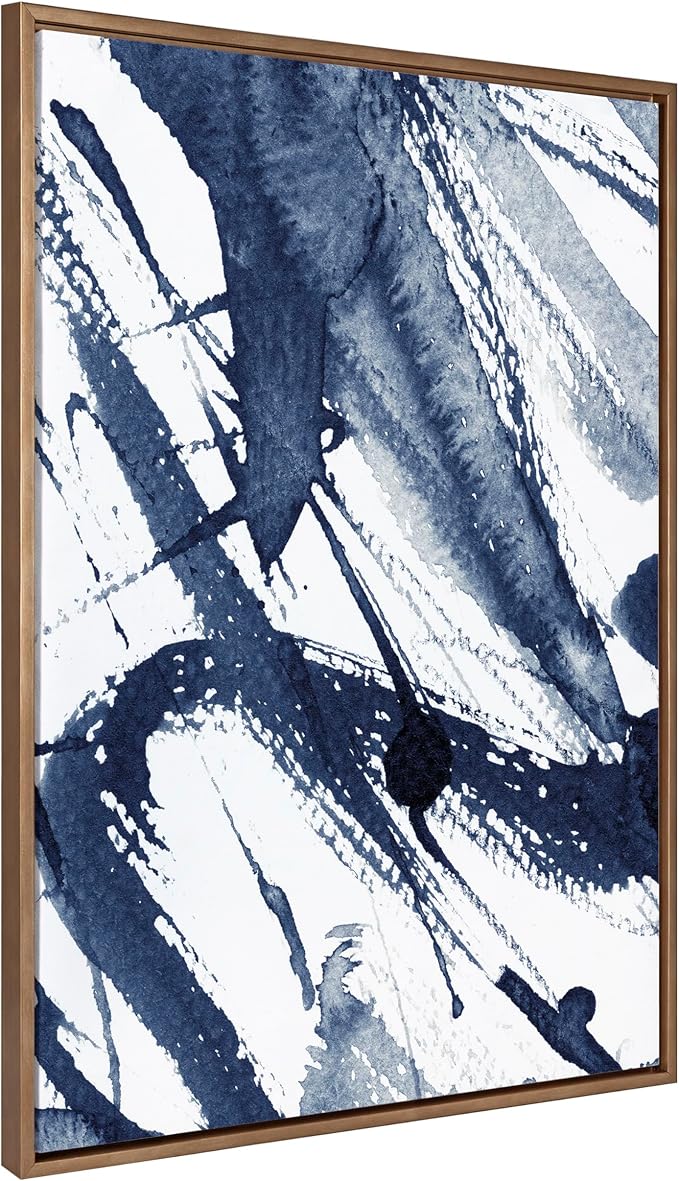 Kate and Laurel Sylvie Indigo Watercolor Framed Canvas Wall Art by Amy Peterson, 31.5x41.5 Gold, Modern Blue Abstract Art for Wall